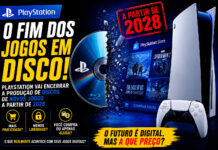 O que ainda é nosso no mundo digital? Capa em estilo jornalístico sobre o fim dos jogos em disco no PlayStation, mostrando um disco quebrado, um console PlayStation 5, a PlayStation Store ao fundo e o destaque “O fim dos jogos em disco”.