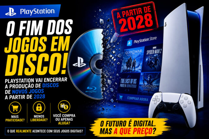 Capa em estilo jornalístico sobre o fim dos jogos em disco no PlayStation, mostrando um disco quebrado, um console PlayStation 5, a PlayStation Store ao fundo e o destaque “O fim dos jogos em disco”.